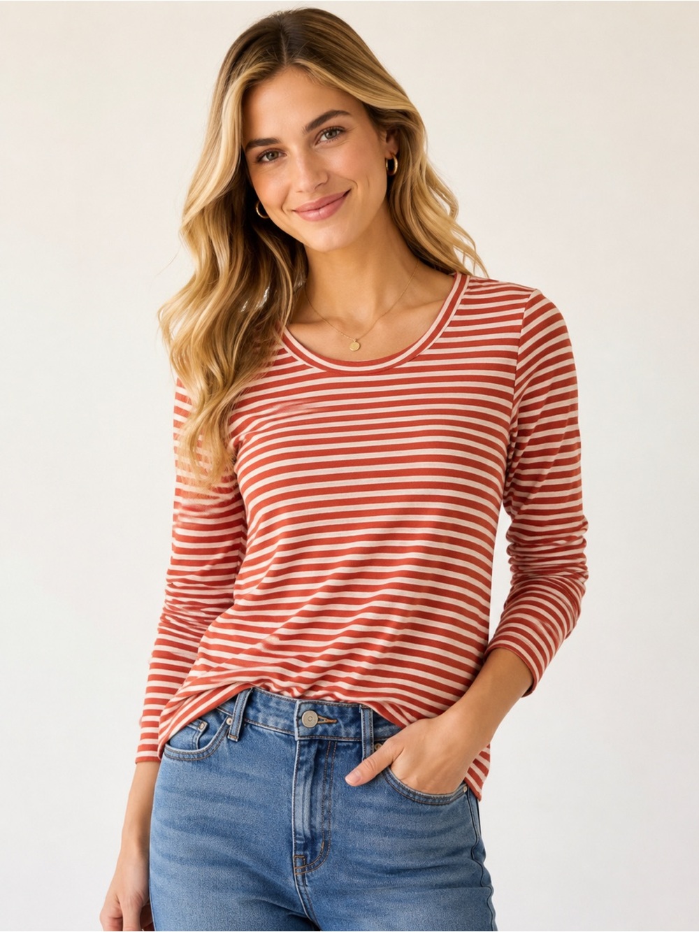 Caslon Striped Orange Heathered Oatmeal Long Sleeve Fall Top Autumn Size Small